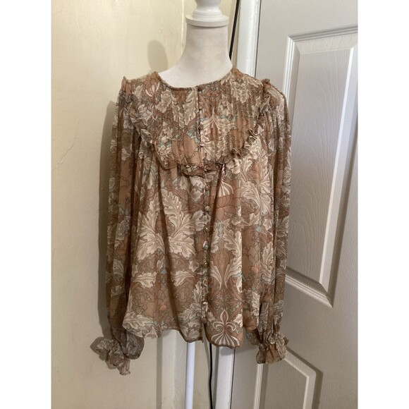 Bishop & Young Tan Floral Sheer Long Sleeve Blouse Boho Peasant S - Picture 1 of 6
